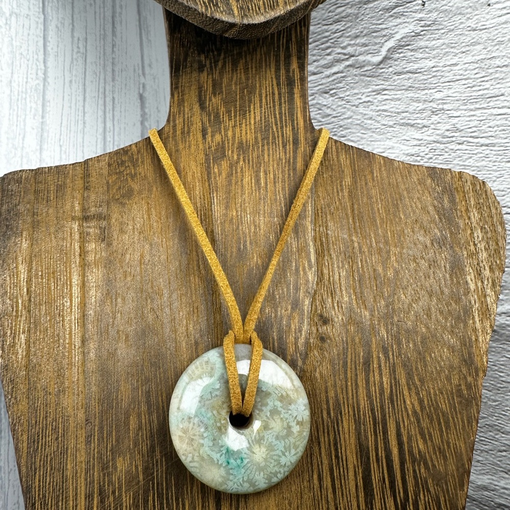 Green Coral Fossil Donut Pendant on Brown Faux Suede - Picture 9 of 11